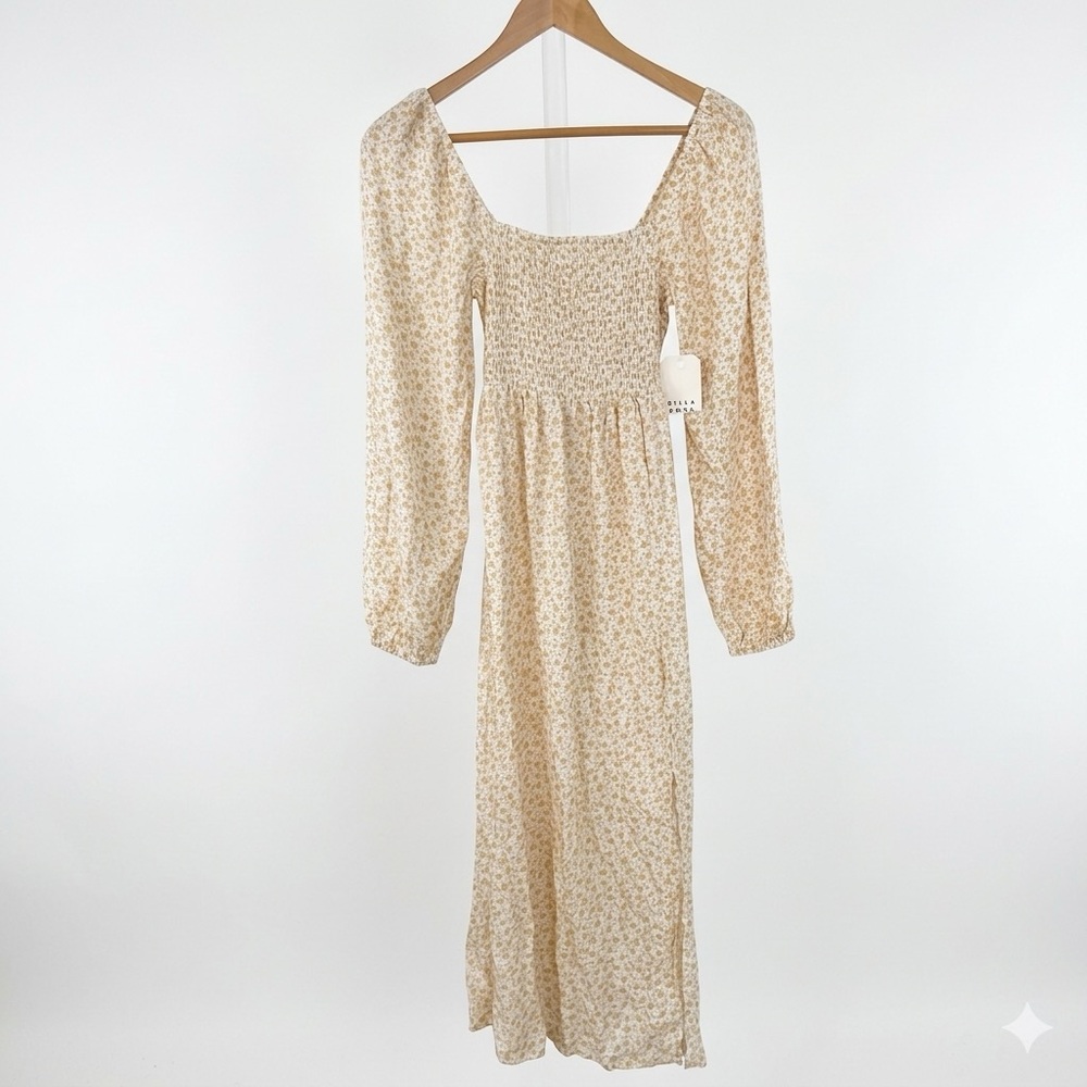 Billabong NWT Floral Smocked Maxi Dress Women’s S Yellow Long Puff Sleeve Slit